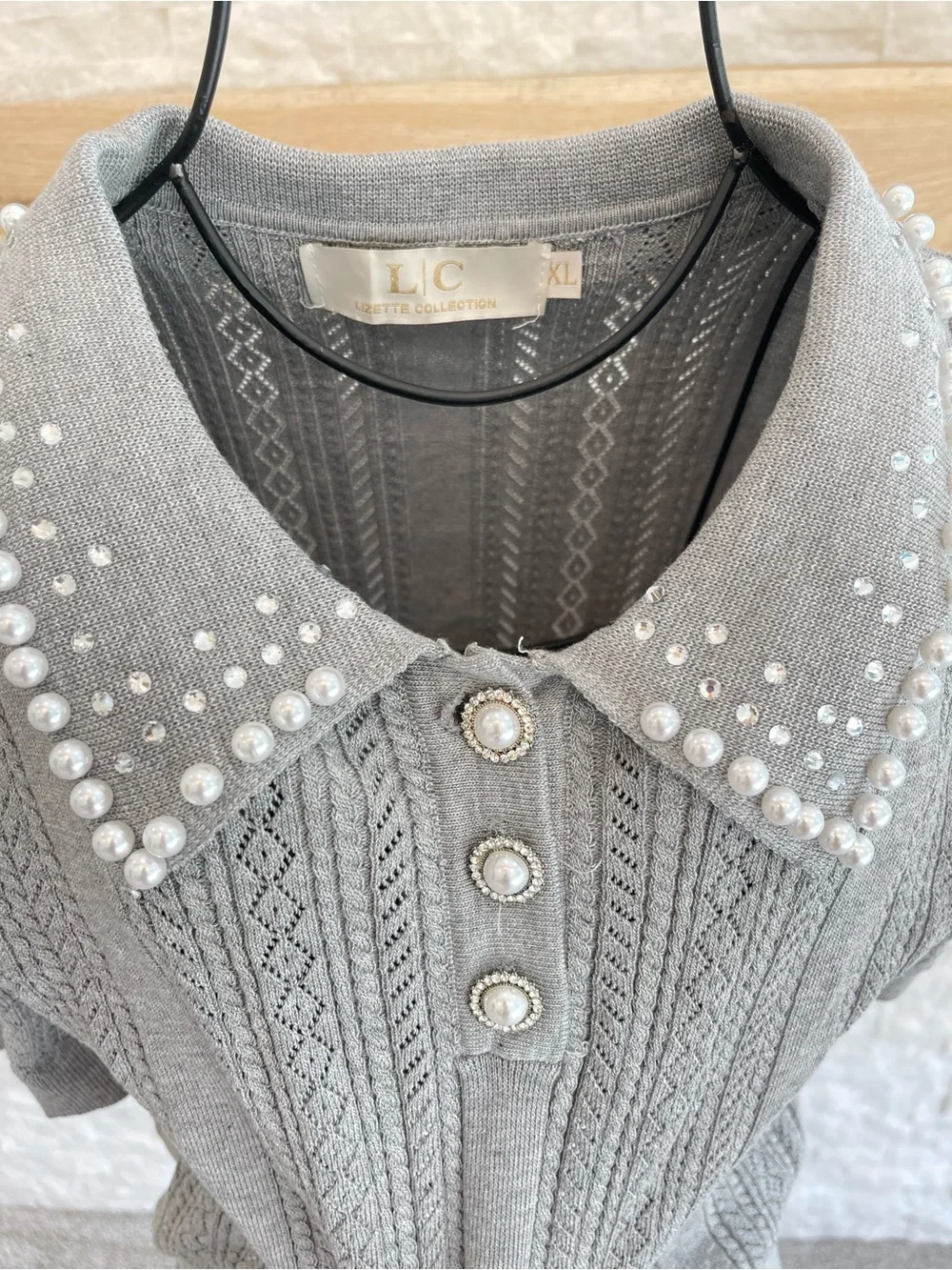 Grey Pearl-Rhinestone Embellished Knit Sweater - Picture 2 of 5